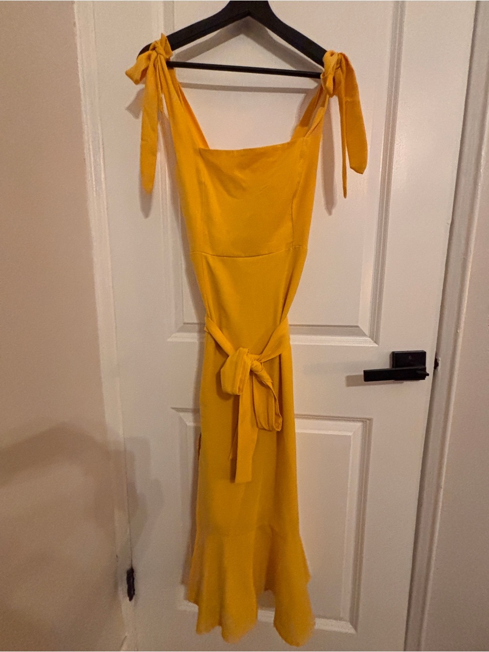 Tie-Shoulder Yellow Midi Dress with Waist Sash